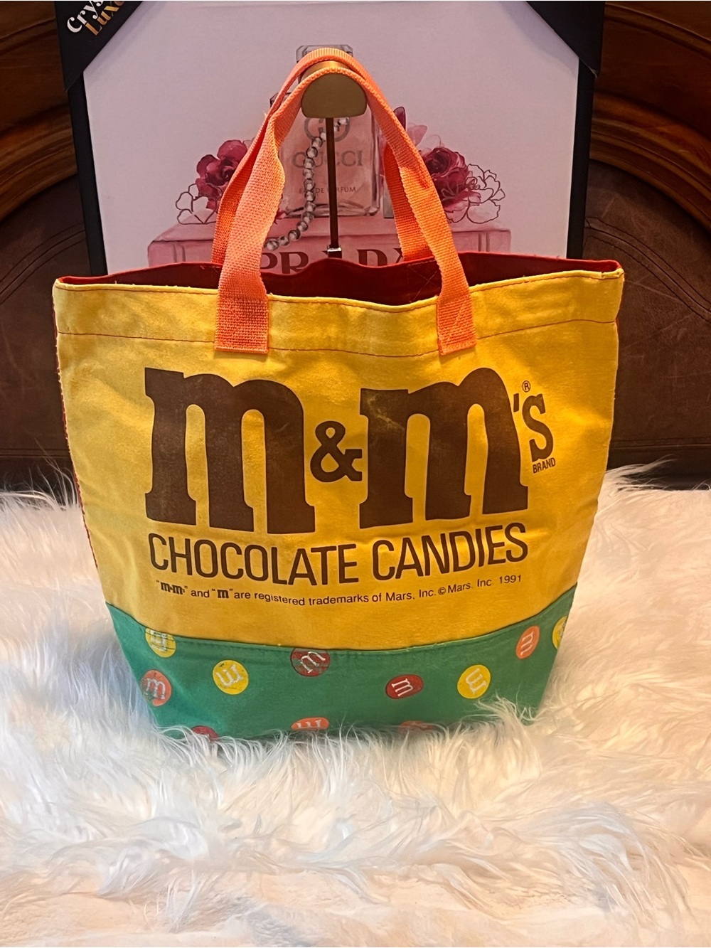 vintage 1991 M&M's canvas tote bag features a yellow body with the iconic logo